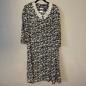 Vintage Plus Size Black Floral Button Up Midi Dress Lace Collar